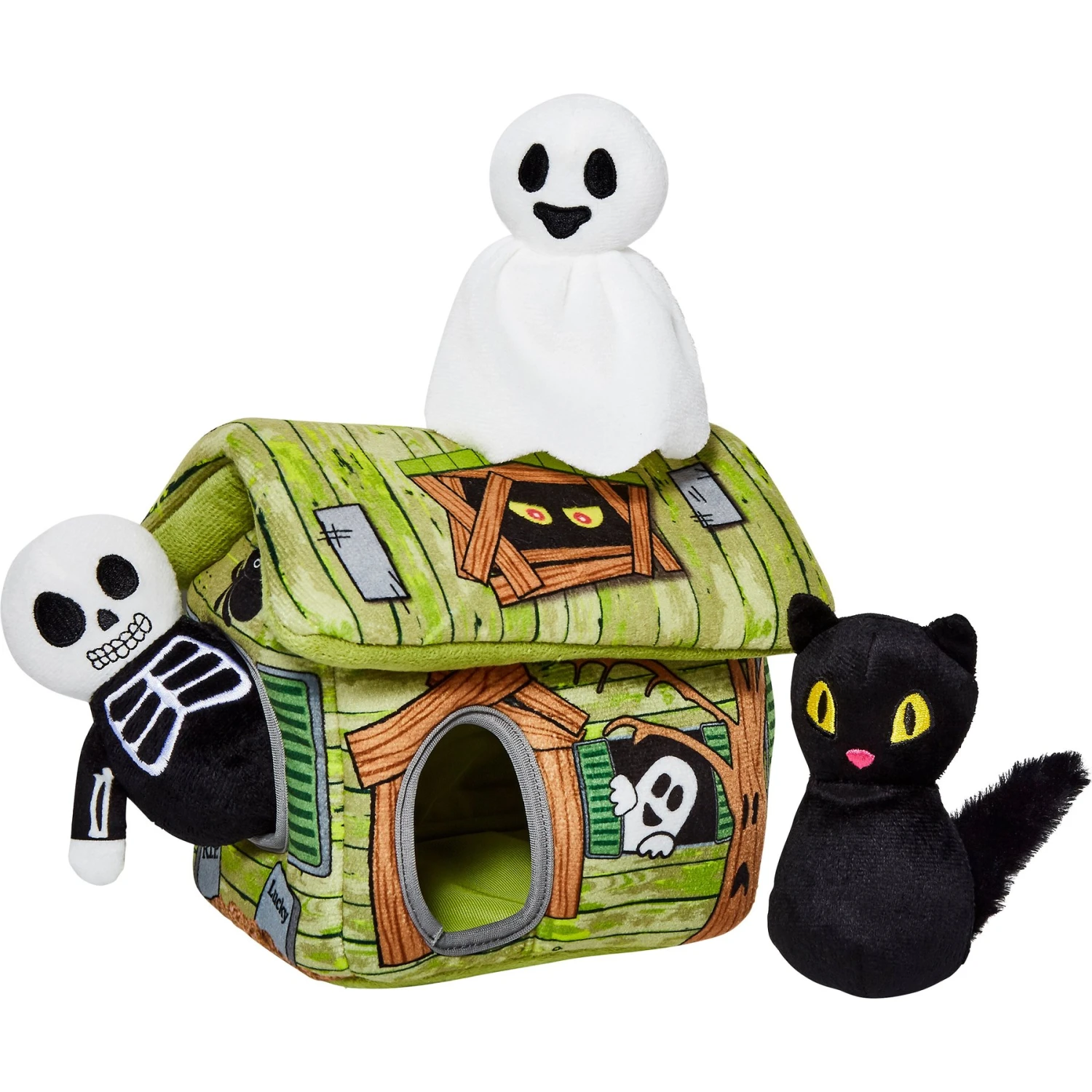 Frisco Halloween Haunted Shack Hide & Seek Puzzle Plush Squeaky Dog Toy 3 Frisco Halloween Haunted Shack Hide & Seek Puzzle Plush Squeaky Dog Toy