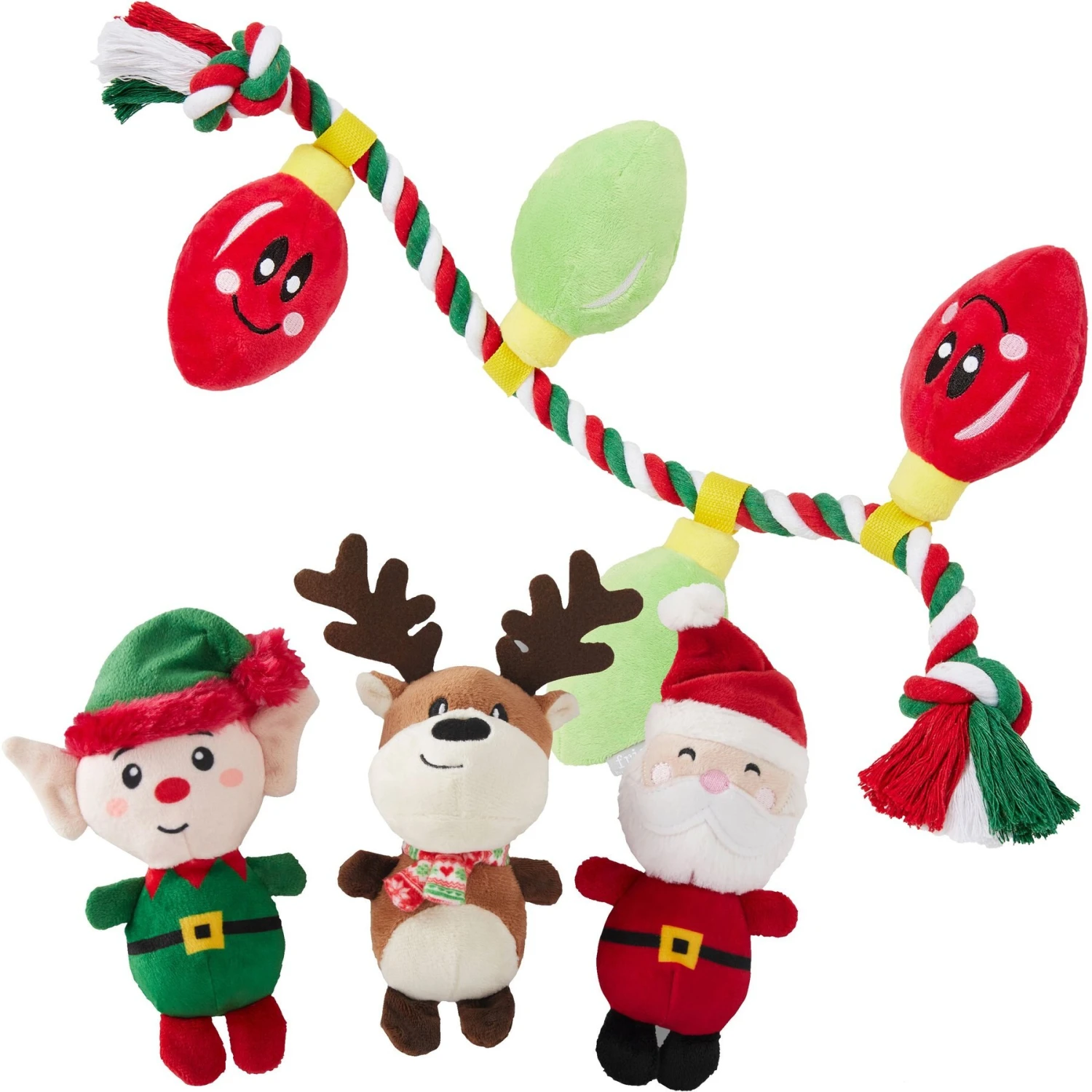 Frisco Holiday Santa's Helpers Plush Squeaky Dog Toy, 3 Count & Frisco Holiday Lights Plush With Rope Squeaky Dog Toy 3 Frisco Holiday Santa's Helpers Plush Squeaky Dog Toy, 3 Count & Frisco Holiday Lights Plush With Rope Squeaky Dog Toy